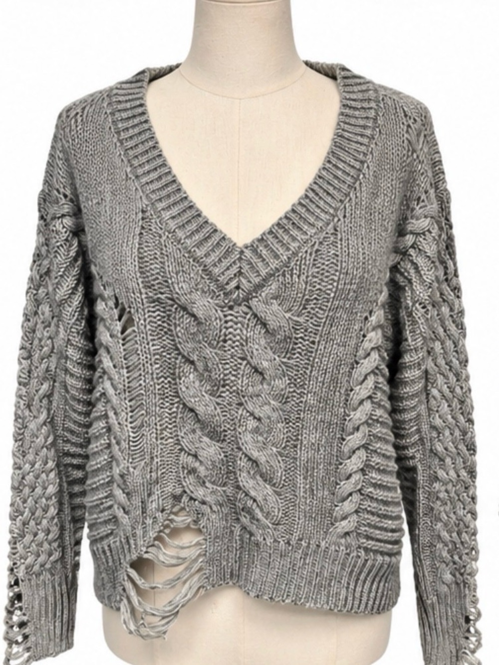 Dex Distressed Cable Knit Sweater Gray Deep V Neck Deconstructed Size S